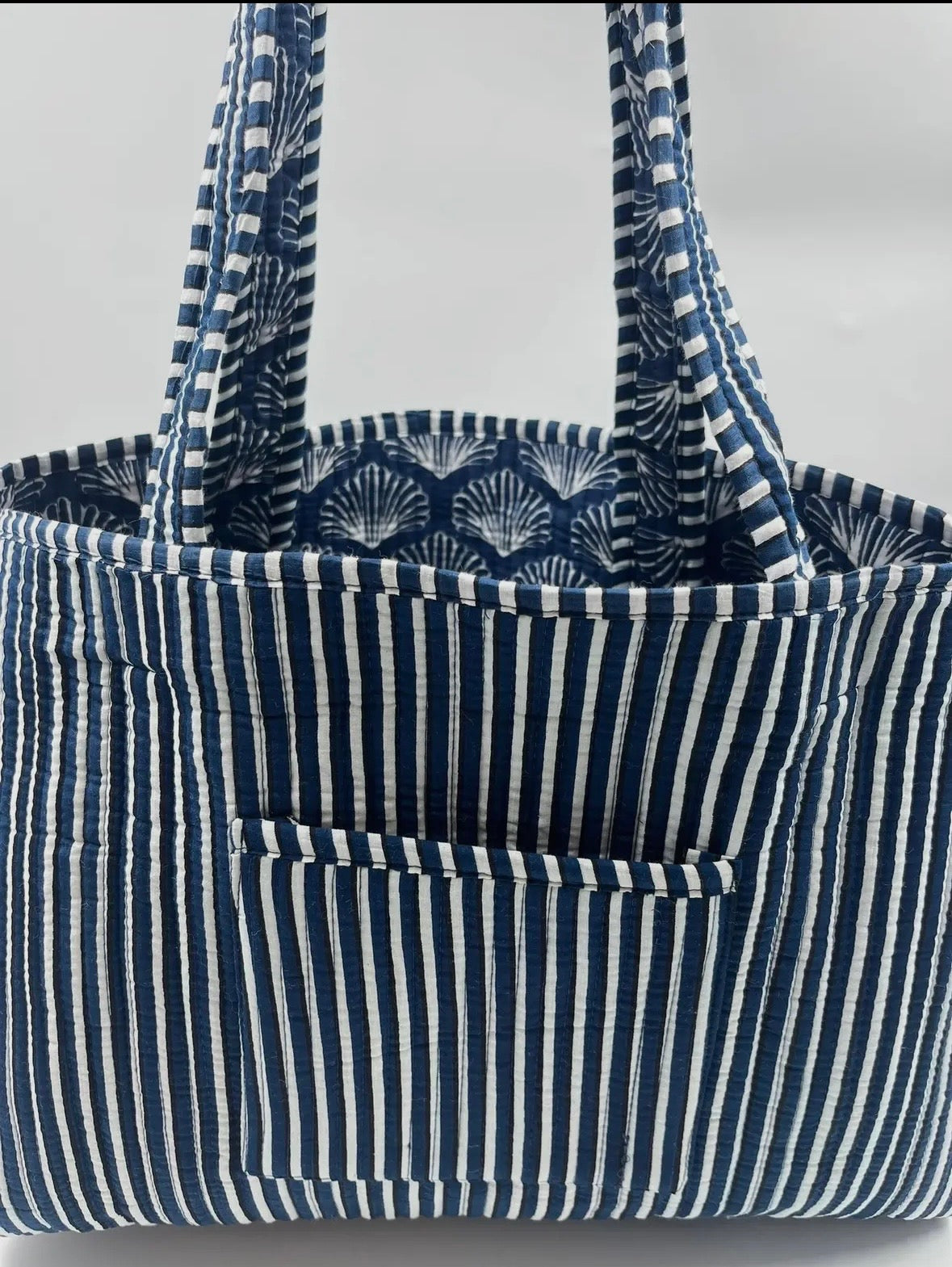 Reversible Quilted Tote Bag- Blue & White