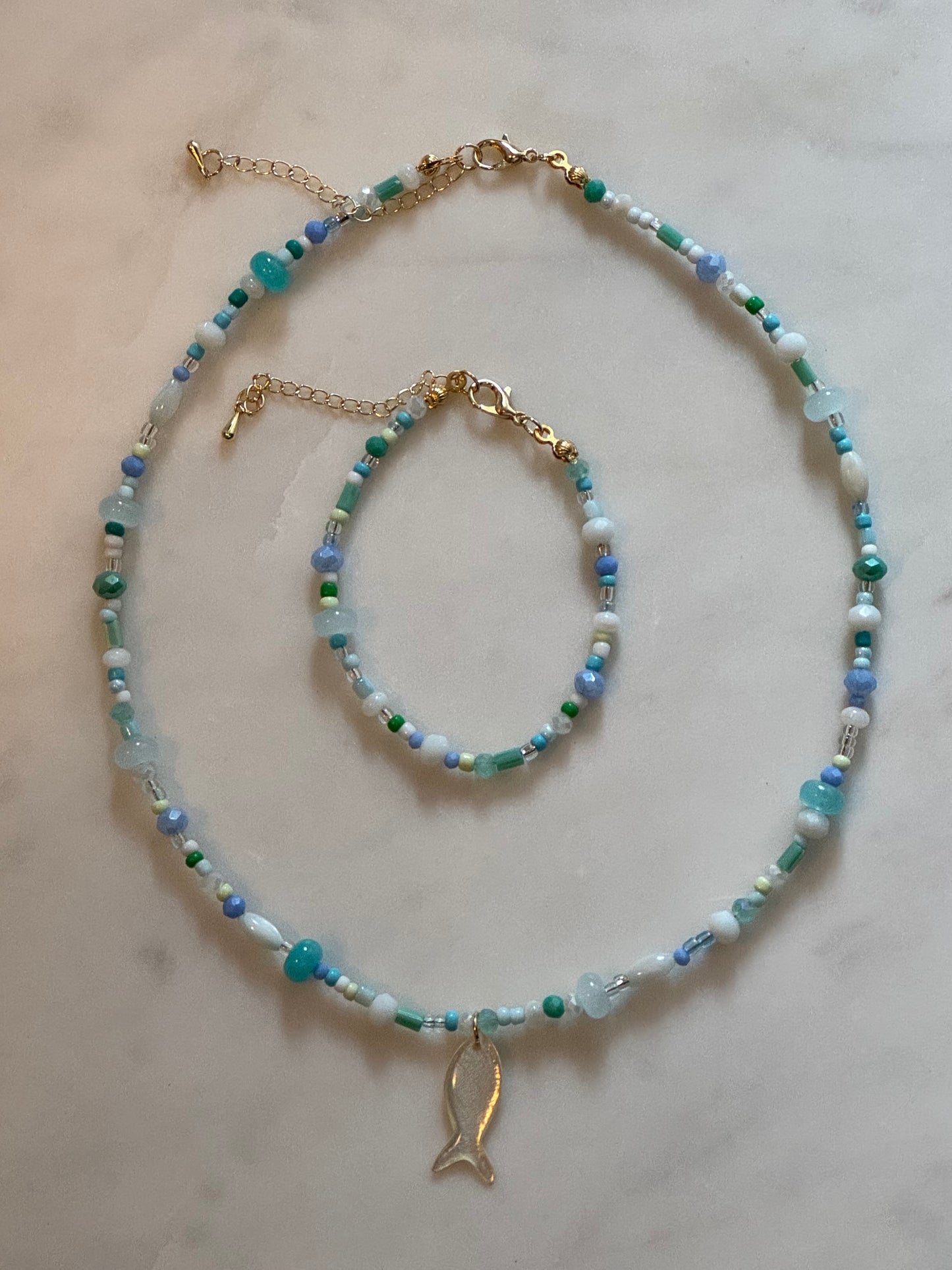 Teal & Wren Beaded Necklace with Mother of Pearl Fish