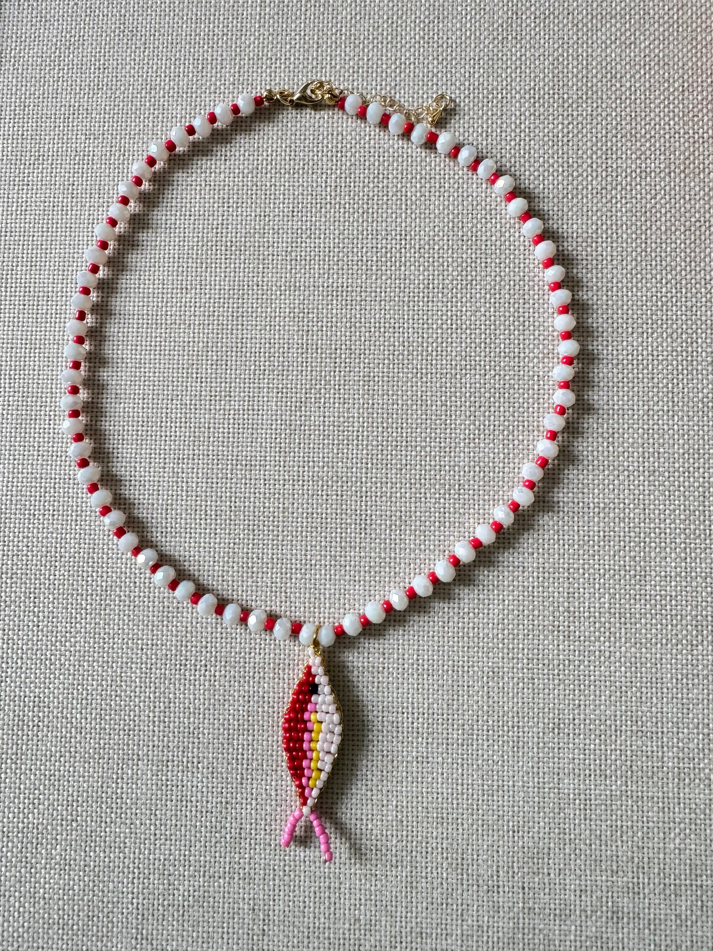Red & White Beaded Fish Necklace