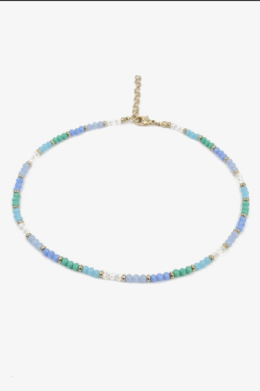 Blue, Green and White Beaded Necklace