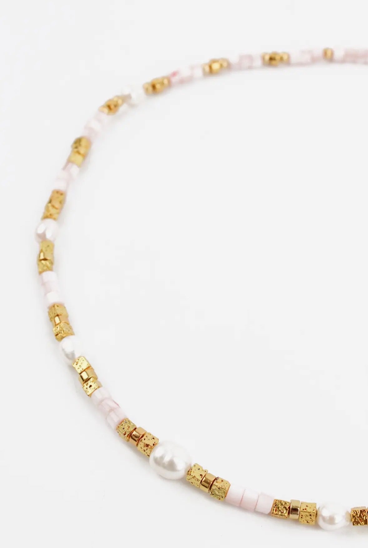Beaded Pink Cube and Gold
Pearl Necklace