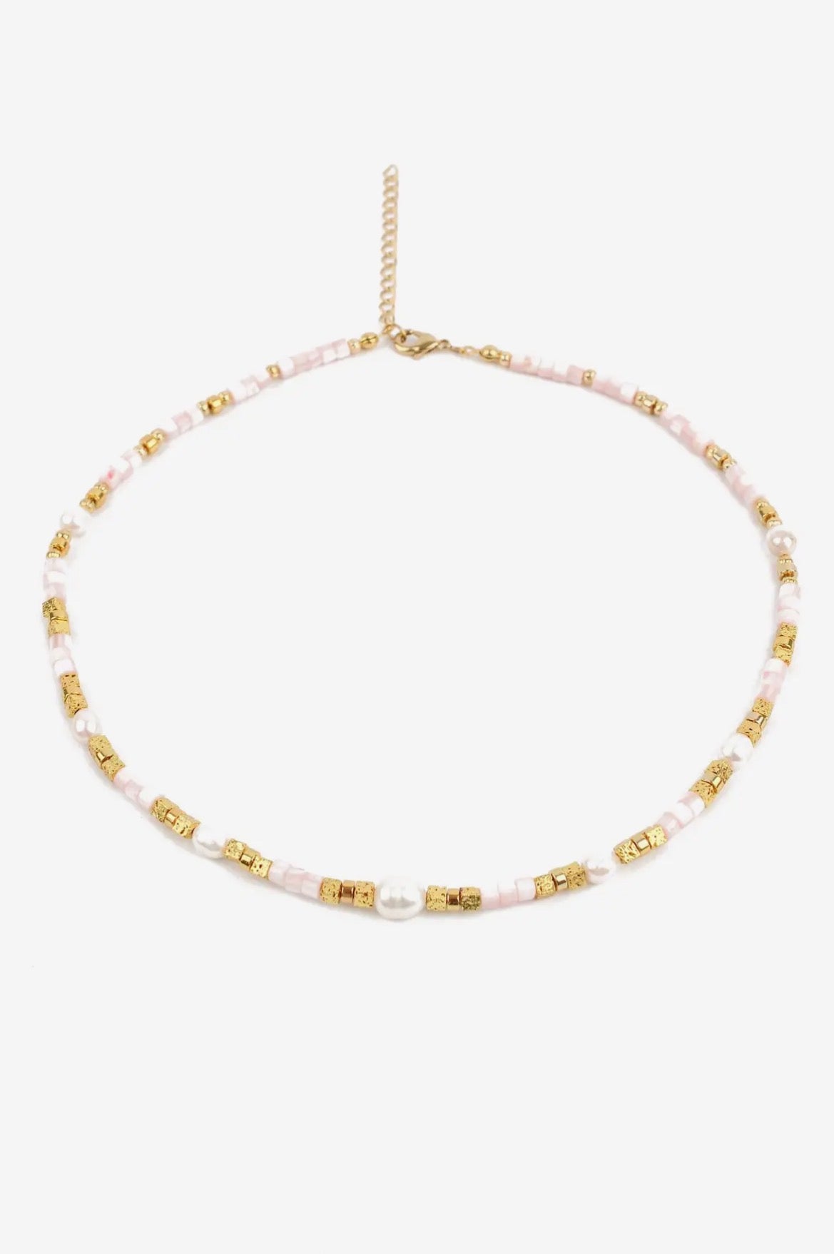 Beaded Pink Cube and Gold
Pearl Necklace