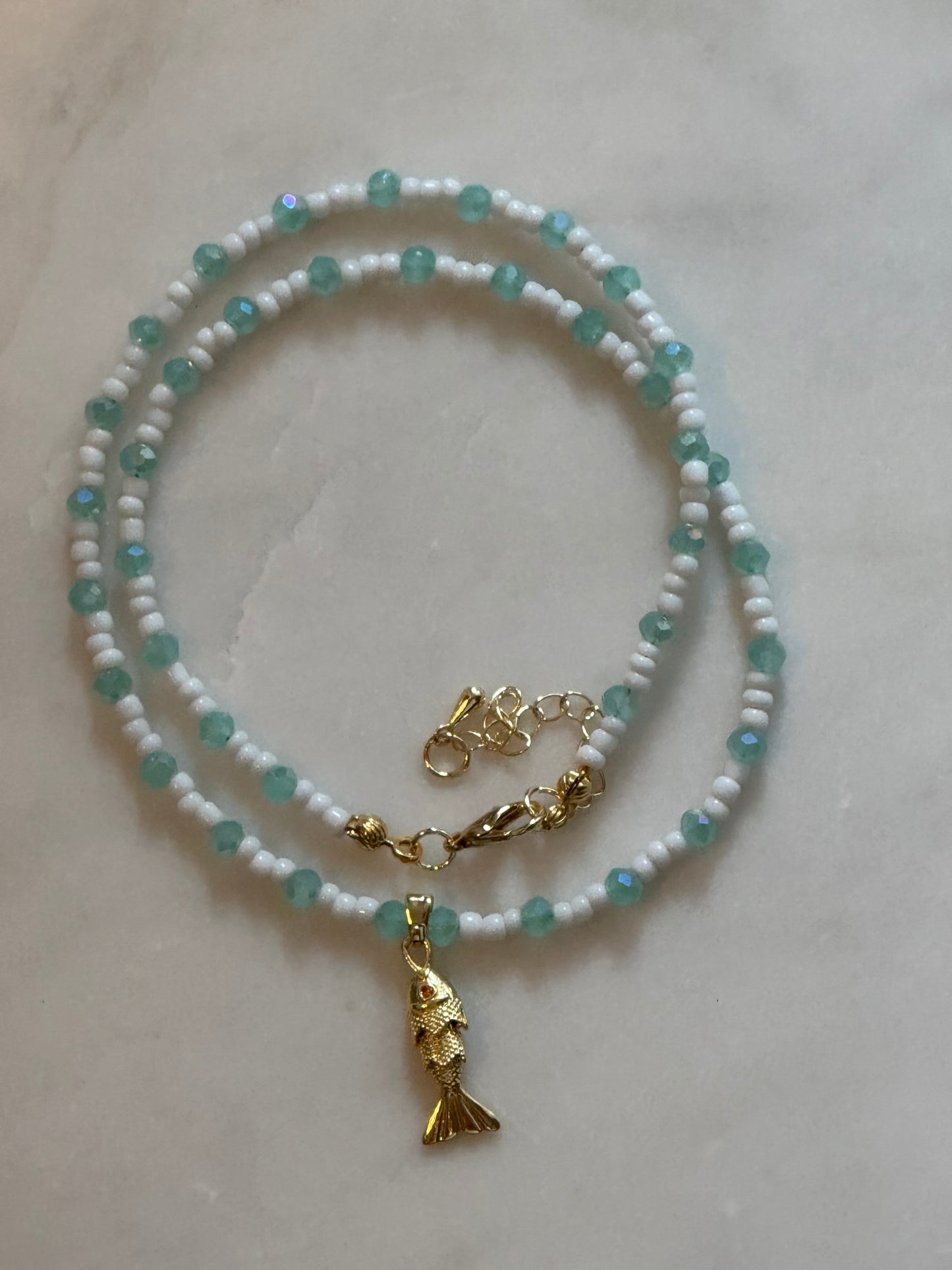 Teal & Wren Beaded Necklace with Gold Fish