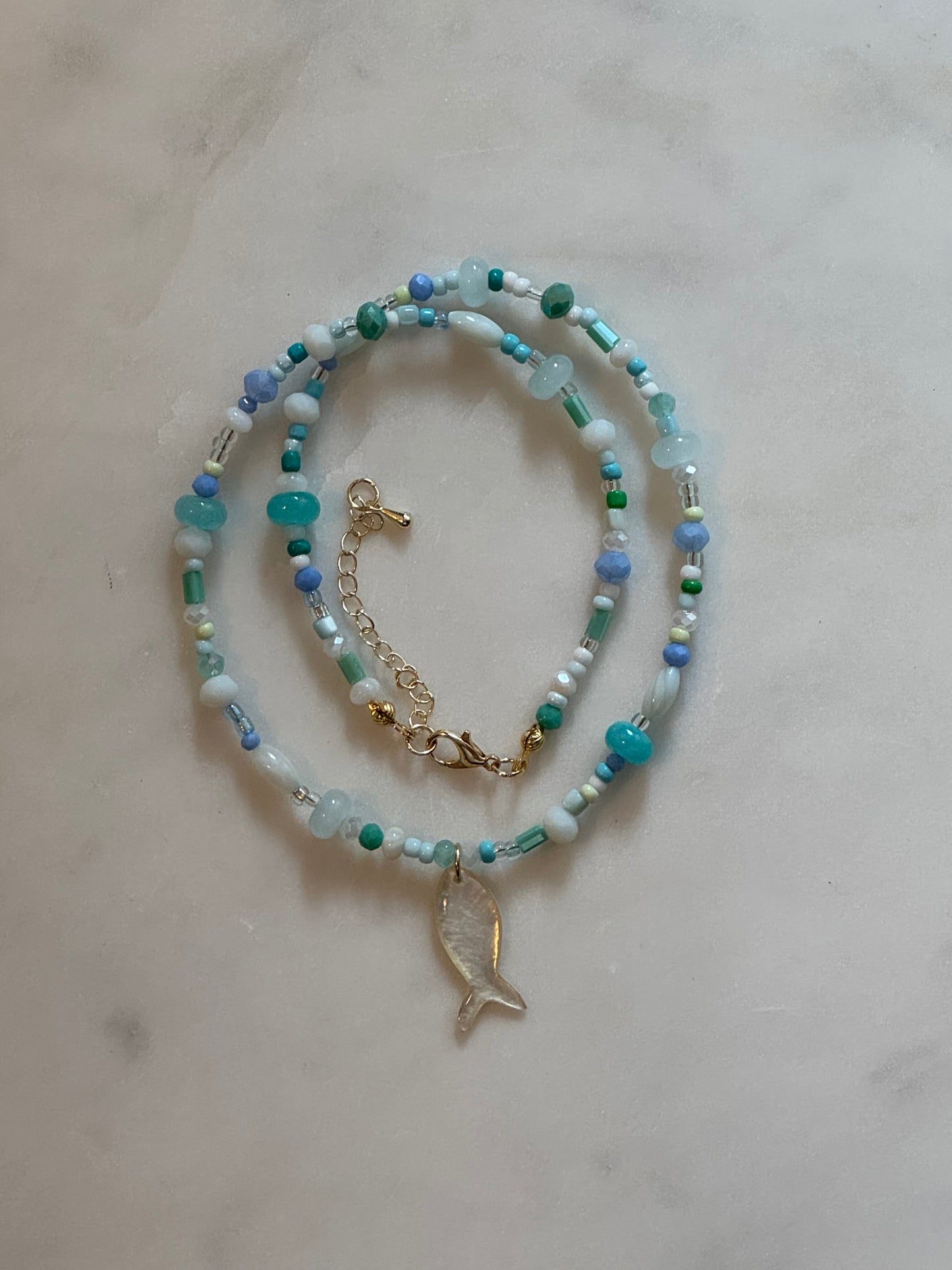 Teal & Wren Beaded Necklace with Mother of Pearl Fish