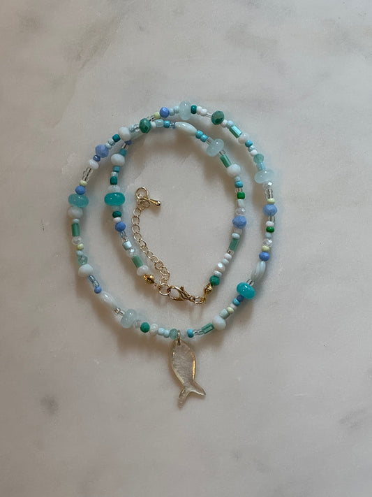 Teal & Wren Beaded Necklace with Mother of Pearl Fish