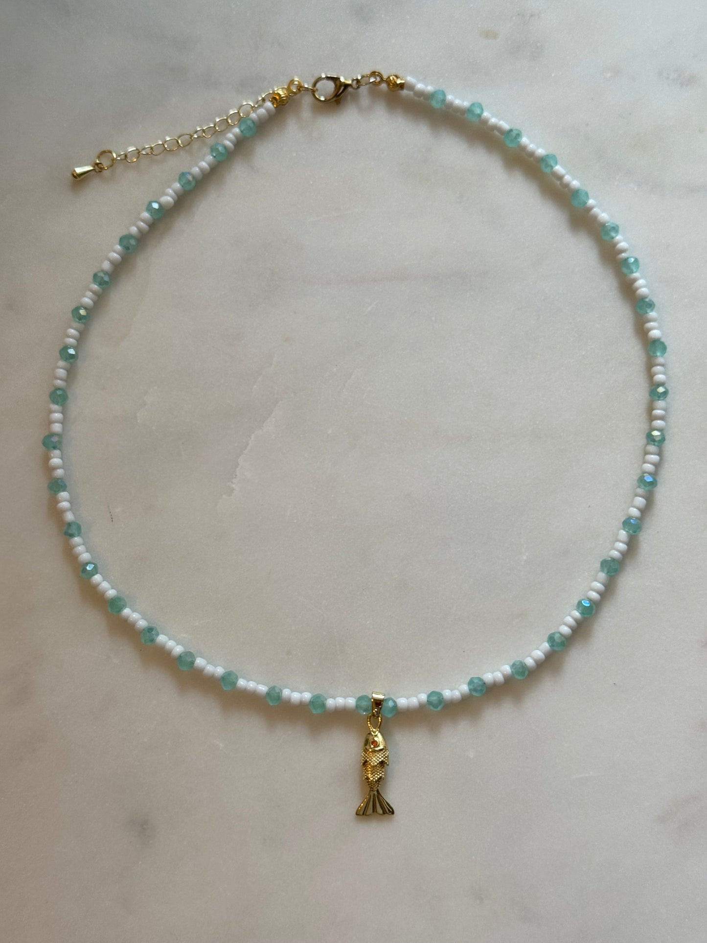 Teal & Wren Beaded Necklace with Gold Fish