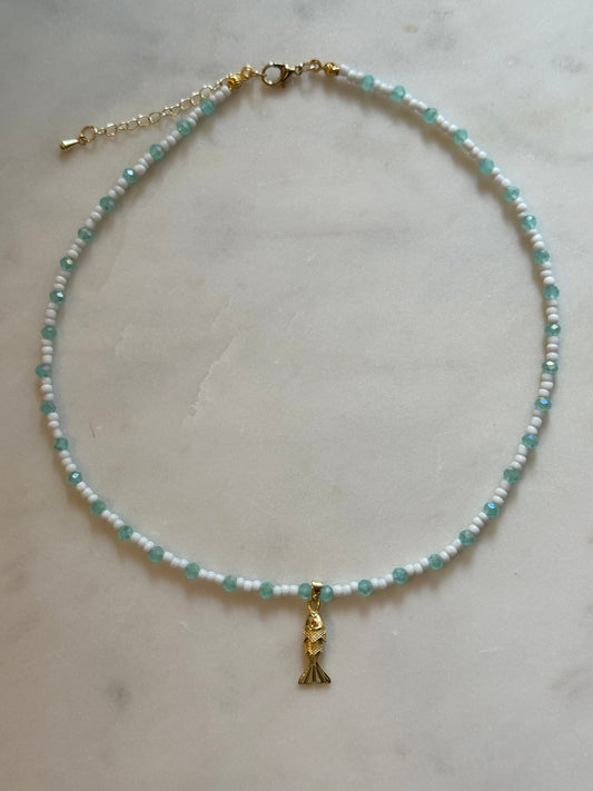 Teal & Wren Beaded Necklace with Gold Fish