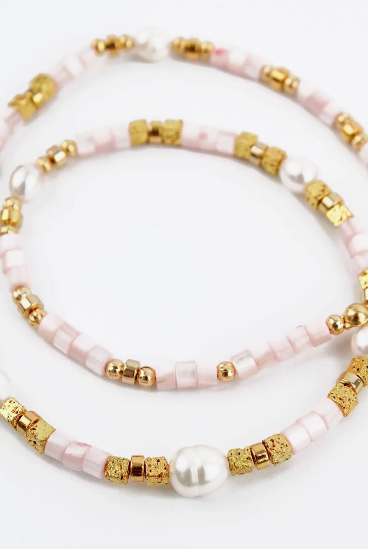 Beaded Pink Cube and Gold
Pearl Necklace