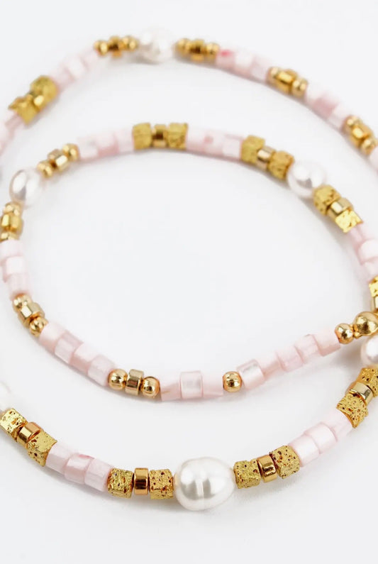 Beaded Pink Cube and Gold
Pearl Necklace