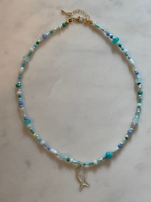 Teal & Wren Beaded Necklace with Mother of Pearl Fish