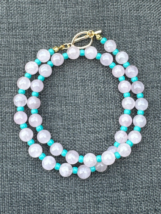 Teal & Wren Beaded Necklace- Pale Pink & Turquoise