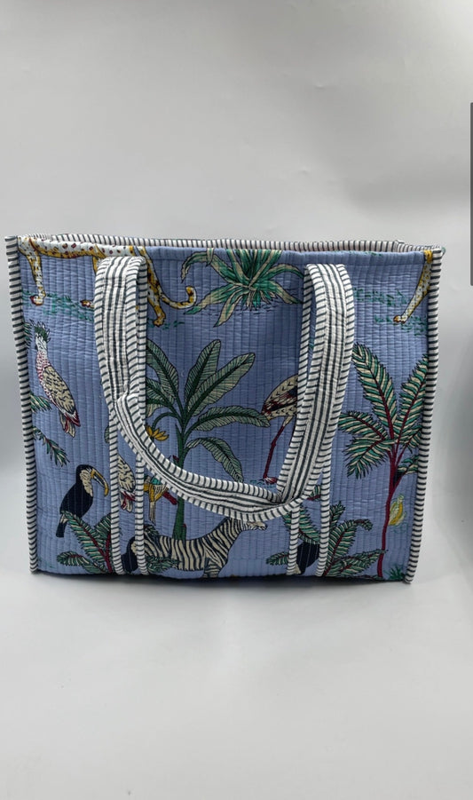 Large Reversible Quilted Tote Bag- Blue Animal