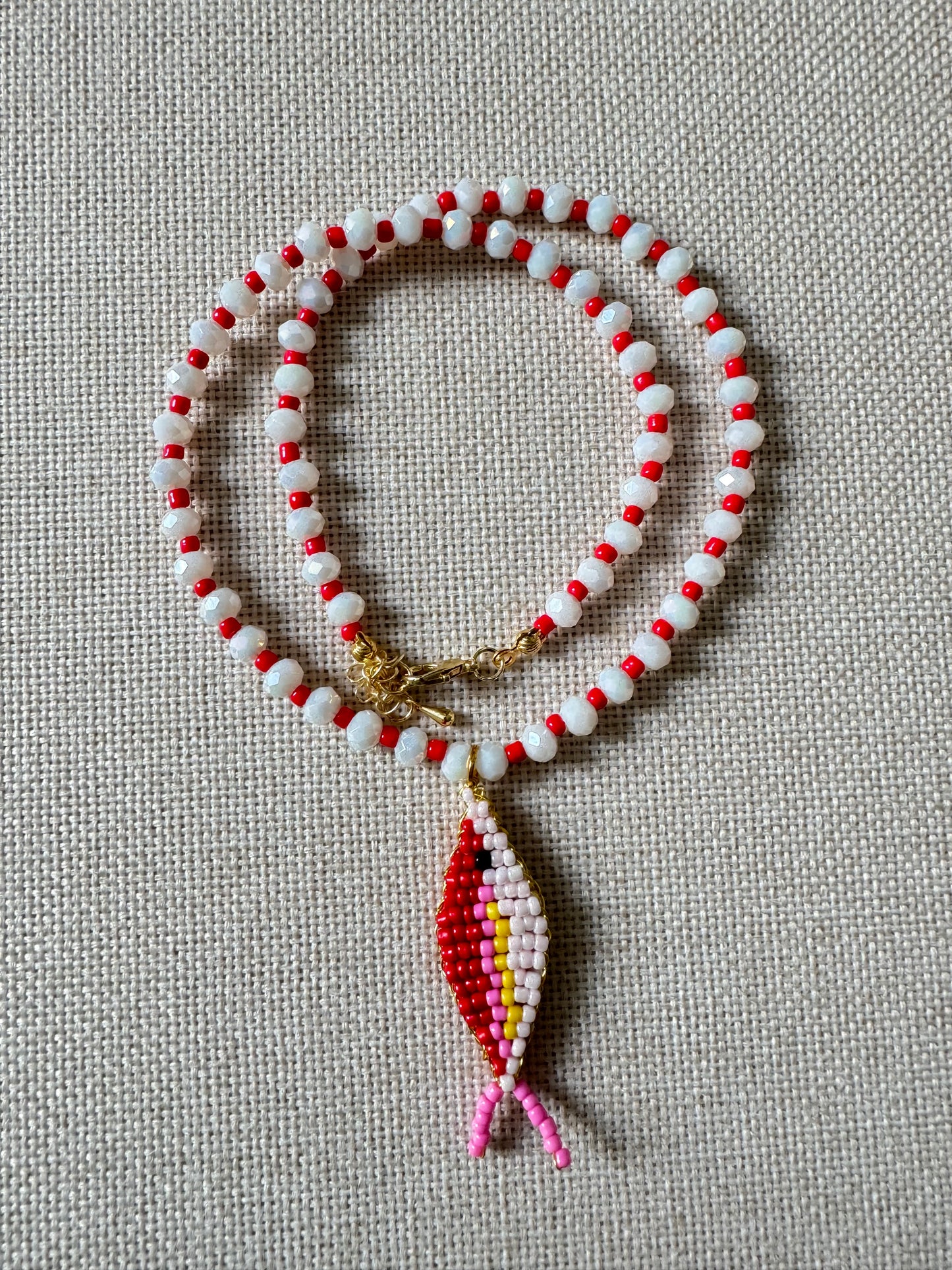 Red & White Beaded Fish Necklace