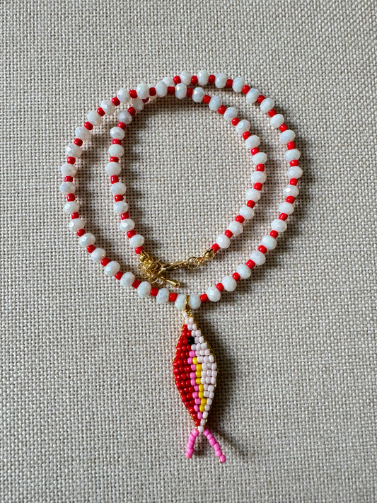 Red & White Beaded Fish Necklace