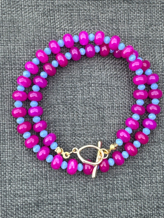 Teal & Wren Beaded Necklace- Bright Pink & Blue
