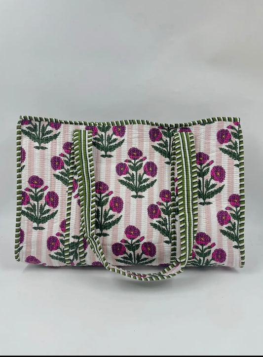 Reversible Quilted Tote Bag- Pink & Green Floral