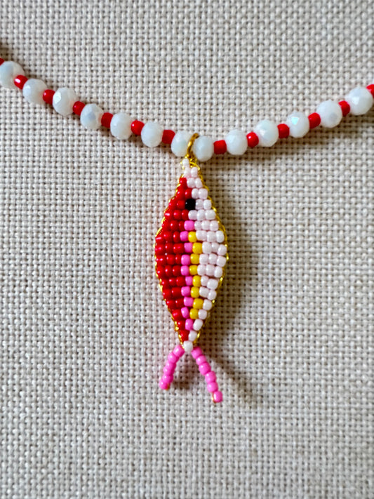 Red & White Beaded Fish Necklace