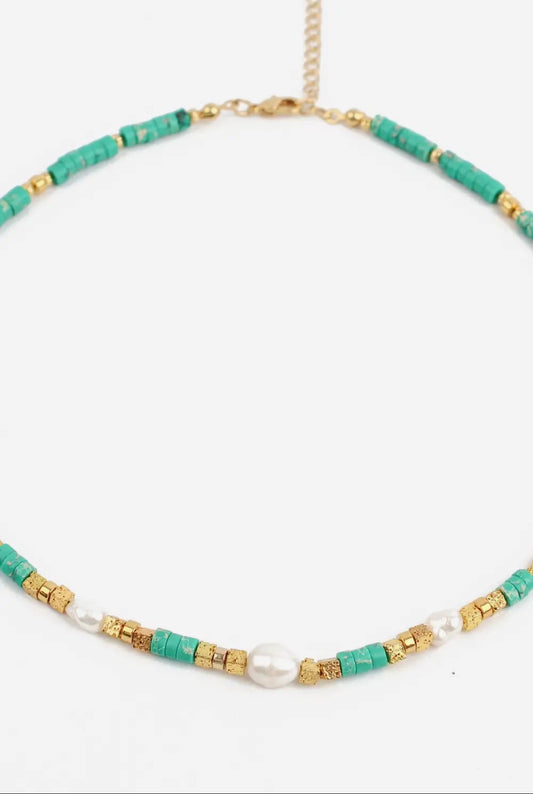 Beaded Green Cube and Gold
Pearl Necklace