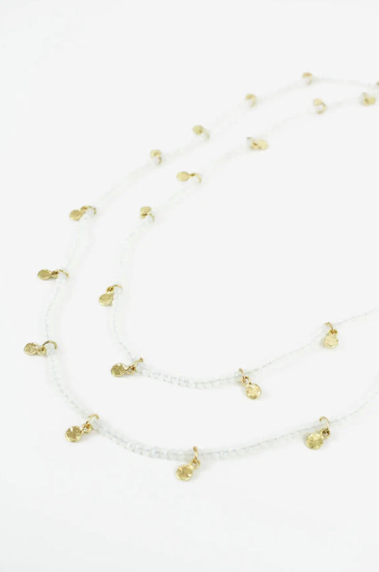 White Facet Bead Long Necklace with Charms